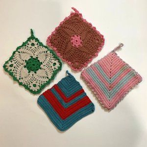 Lot of 4 1950s-60s Hand Crocheted Cotton Potholders